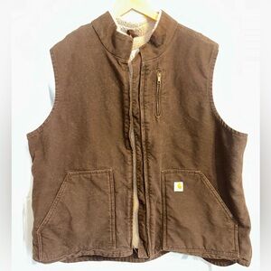 Carhartt Brown Sherpa-Lined Vest with Yellow Logo
